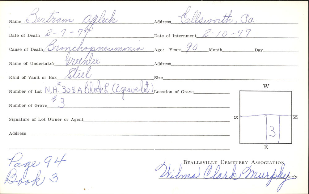 Bertram Affleck burial card
